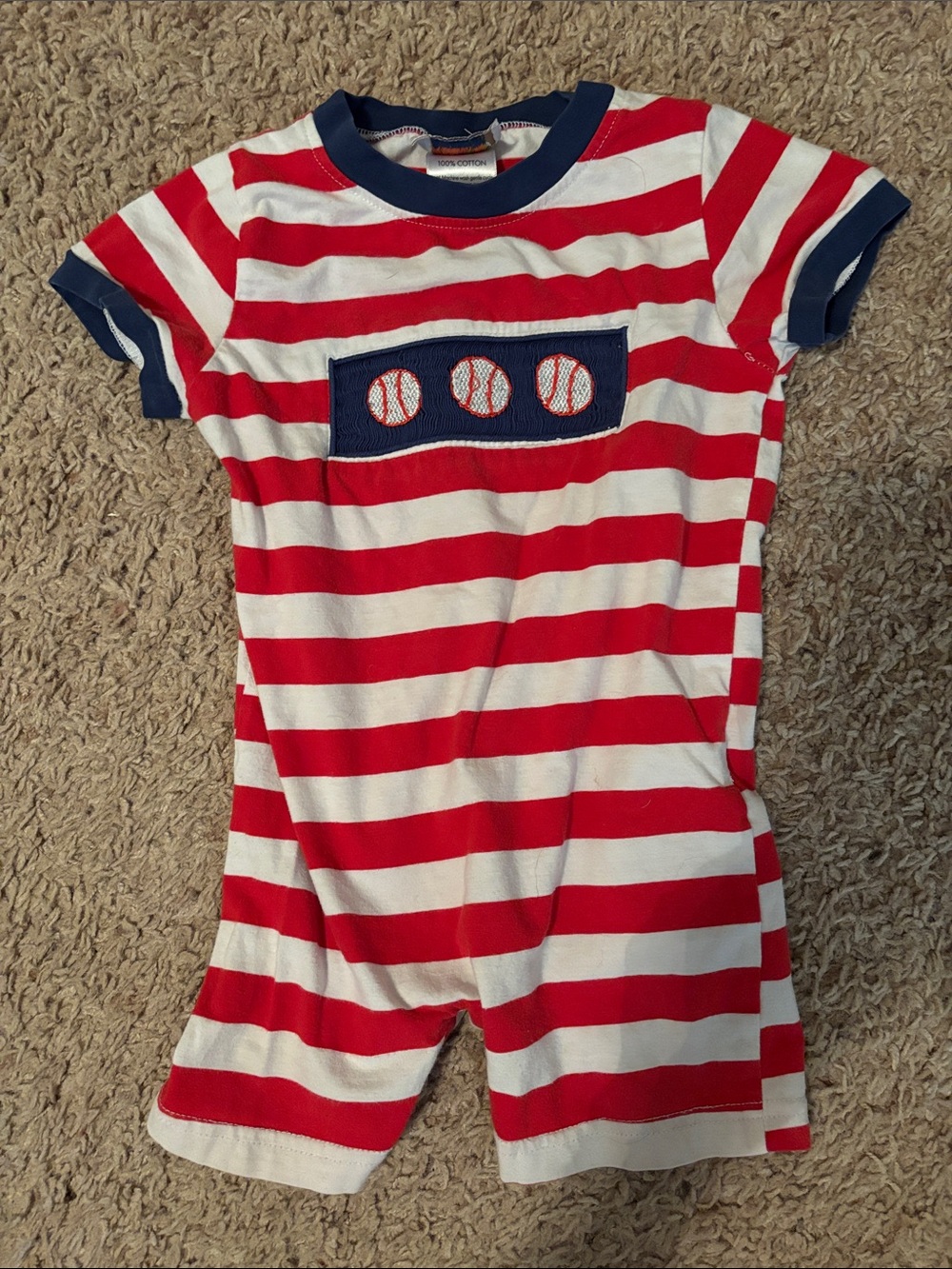 Red & White Striped Kids One-Piece Romper with Navy Trim and Baseball Appliqué